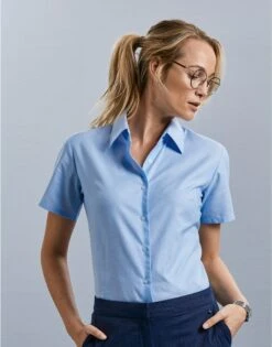 Russell Collection Ladies' Short Sleeve Tailored Oxford Shirt -XAMAX 15f495c86134635c33fa8f6bab5f2c58810923c3f0722a1d8818b11b8ec79269