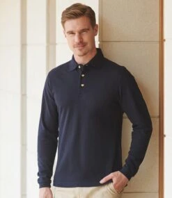 Henbury Long Sleeve Cotton Piqué Polo Shirt -XAMAX h105 nav model 1 hero 4
